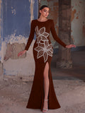 Sequin Floral Embellished Gown | High Neck Long Sleeve Maxi Dress with V-Back & High Side Slit | Formal Evening Dress for Parties, Galas, Proms