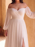 Plus Off Shoulder Lantern Sleeves Chiffon Wedding Dress