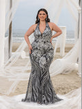 Plus Elegant Halter Neck Backless Floral Sequin Mermaid Dresses