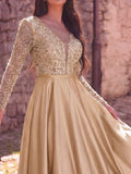 Elegant V-Neck Long Sleeve Evening Gown with Puffed Sleeve Detailing, Sequin Beaded Embellishments, Thin Waist Belt & Satin A-Line Skirt | Elegant Formal Dress for Special Occasions