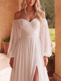 Off Shoulder Lantern Sleeves Chiffon Wedding Dress
