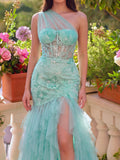 Luxury One Shoulder Tulle Overlay Mermaid Hem Floral Sequin Prom Dress