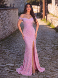 Off Shoulder Sweetheart Neck High Slit Sequin Party Dress