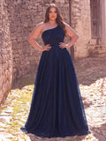 Plus One-Shoulder Evening Gown | Flowy A-Line Skirt, Open Back | Formal Maxi Dress for Galas, Weddings, Prom