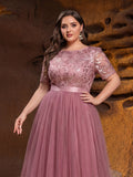 Plus-size Boat Neck Gown with Floral Sequin Embroidered Bodice & Tulle Skirt