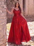 Plus Spaghetti Strap Metallic A Line Prom Dress