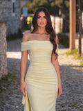 Elegant Off-The-Shoulder Maxi Dress with Ruching & High Slit | Bodycon Formal Gown for Evening Party & Wedding Guest