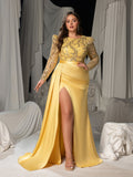 Plus Size Round Neck Long Sleeve Mermaid Hem Sequin Evening Gowns