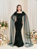 Teen Girls' Square Collar Cloak Sleeves Sequin Mermaid Dress