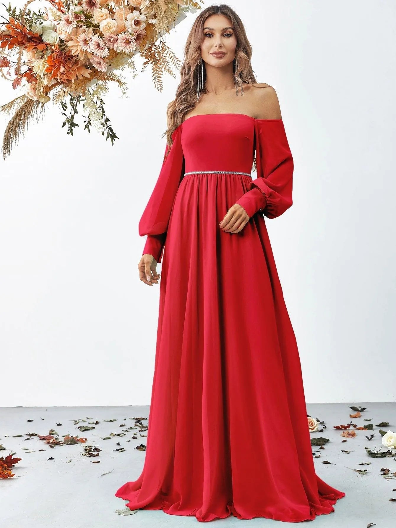 Off Shoulder Bishop Sleeves Chiffon Formal Dress - Elonnashop