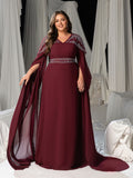 Plus Ethereal Floor-Length Chiffon Evening Gown with V-Neckline, Wide Split & Voluminous Draped Sleeves, Rhinestone Bodice Unique Pattern