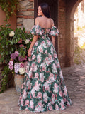Floral Jacquard Off Shoulder Puff Sleeves Prom Dress