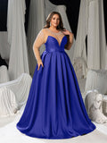 Plus Size Pearl Decoration Sheer Sleeves Satin Evening Gown - Formal Dress with Sash Waist