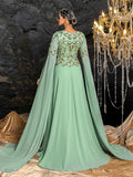Elegant Chiffon Evening Gown with V-Neckline, Beaded Sequin Embroidered Bodice, Cape Sleeves and Flowy Floor-Length Skirt