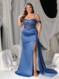 Plus Sequined & Beaded Off-Shoulder Mermaid Gown with Satin Floor-Length Train & High Slit