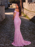 Off Shoulder Sweetheart Neck High Slit Sequin Party Dress