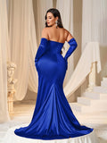 Plus Ruched Wrap Hem Satin Tube Prom Dress(Gloves Included)