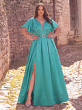 Plus Rhinestone Detail Ruffle Sleeve Satin Belted Dress