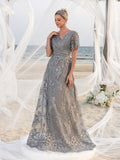 Womens' Elegant V-Neck Evening Gown with Delicate Lace & Silver Embroidery – Long Flowing Skirt for Seaside Weddings & Romantic Beach Events