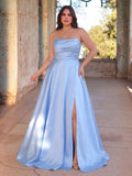 Plus Elegant Strapless Satin Maxi Dress with High Front Slit, Open Back Lace-Up Corset, Flowy A-Line Skirt for Galas, Weddings, Prom