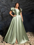 Plus Satin Evening Gown with Bow Shoulder & Dramatic High Slit – Luxurious Evening Wear for Red Carpet, Formal Galas & Wedding Receptions