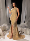 Plus Elegant One Shoulder Split Thigh Sequin Mermaid Hem Evening Dress