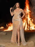 Plus Off Shoulder Split Thigh Sequin Formal Party Dress