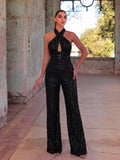 Crisscross Cut Out Sequin Flare Leg Jumpsuit