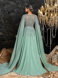 Elegant Chiffon Evening Gown with Sheer Embroidered Bodice, Rhinestone Sequin Detail, Transparent Mesh Back & Flowy Draped Skirt