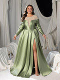 Plus Luxury Beaded Evening Gown with Off-Shoulder Mesh Insert, High Slit Satin Dress for Red Carpet & Gala Events