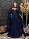 Gorgeous Two-Piece Beaded Gown with Detachable Cape | Sheer Chiffon Overlay & Corset Bustier