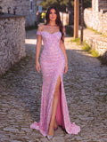 Off Shoulder Sweetheart Neck High Slit Sequin Party Dress