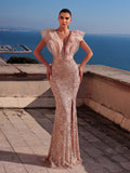 Mesh Insert Ruffle Trim Split Sequin Mermaid Dress
