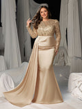 Plus Round Neck Long Sleeves Formal Evening Dress with Sequin Bodice and Satin Mermaid Skirt