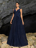 Glitter V Neck Sleeveless Maxi A Line Pleated Dress