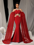 Luxurious Mermaid Gown with Flowing Cape & Gold Embellishments for Red Carpet or Luxury Weddings, XS-XL