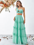 Swiss Dot One Shoulder Crop Top & Chiffon Skirt - Elonnashop