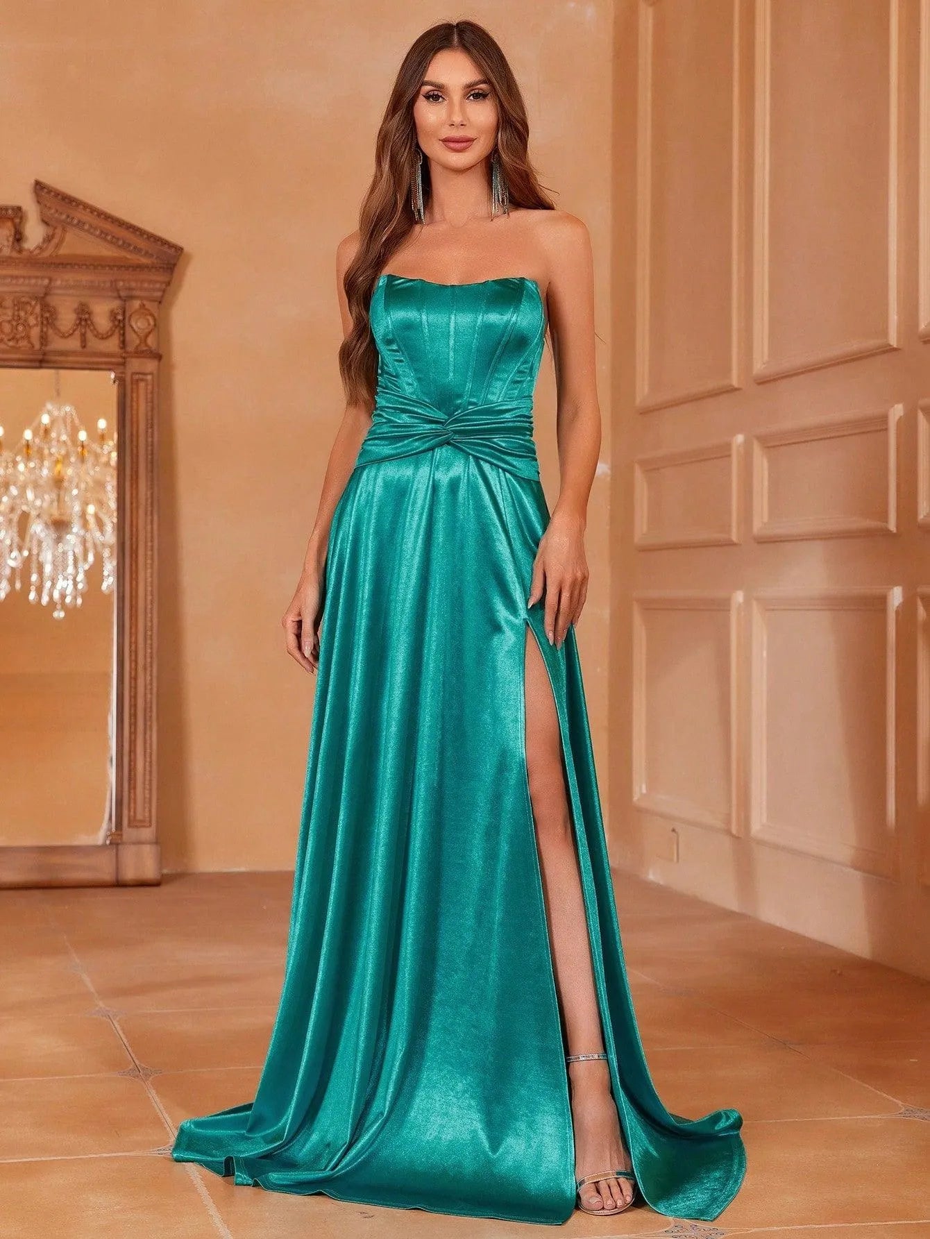 Twist Front Split Thigh Satin Tube Formal Dress - Elonnashop