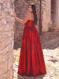 Plus Spaghetti Strap Metallic A Line Prom Dress