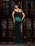 Elegant Off-Shoulder Mermaid Gown with Sequined Velvet, High Slit & Floor-Length Train