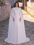 High Neck Beaded Cape Evening Gown | Open Back A-Line Chiffon Dress with Detachable Sleeves | Formal Occasion Dress for Weddings, Proms, Ceremonies