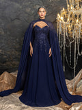 Gorgeous Two-Piece Beaded Gown with Detachable Cape | Sheer Chiffon Overlay & Corset Bustier