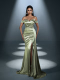 Elegant Satin Off-Shoulder Mermaid Gown | Sculpted Ruching & High Thigh Slit