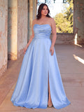 Plus Elegant Strapless Satin Maxi Dress with High Front Slit, Open Back Lace-Up Corset, Flowy A-Line Skirt for Galas, Weddings, Prom