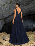 Glitter V Neck Sleeveless Maxi A Line Pleated Dress