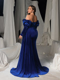 Plus Velvet Evening Gown: Off-Shoulder Mermaid Dress with Puffed Sleeves and Rhinestones
