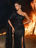 Elegant One Shoulder Long Sleeve Slit Sequin Dress