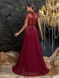Gorgeous Beaded Fringe High Neck Gown | Fitted Waist with Flowing A-Line Skirt