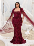 Plus Square Neck Cape Sleeves Sequin Mermaid Dress