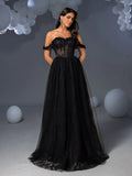 Elegant Off Shoulder Lace Bodice Contrast Tulle Hem Wedding Dress